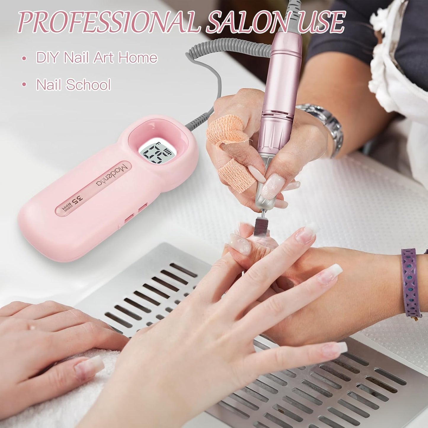 Madenia Portable Rechargeable Nail Drill Machine with LCD Screen, Professional Electric Nail File Efile for Acrylic Gel Nails Polishing Removing, Suitable for Salon Home Travel Manicure Use, Pink