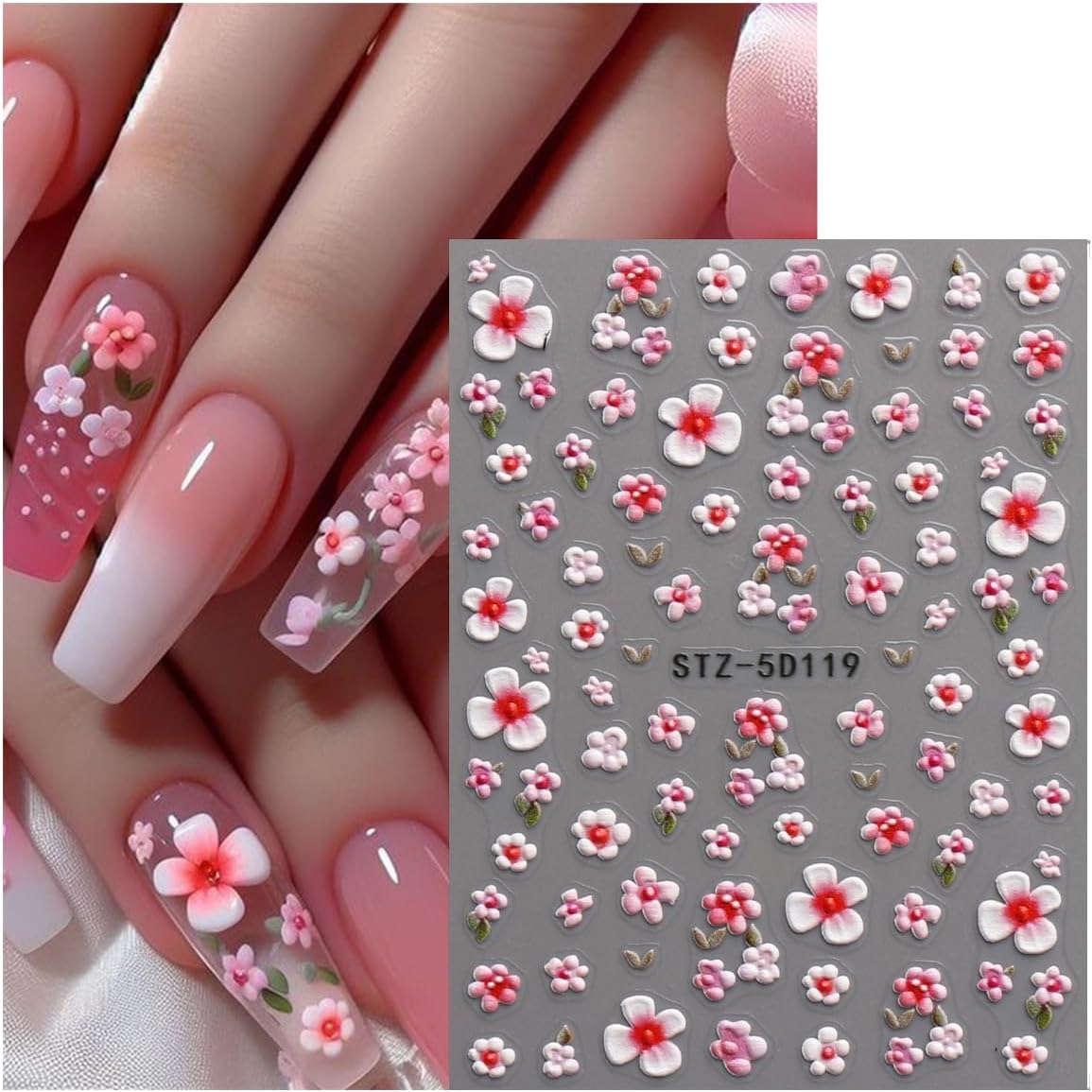 JMEOWIO 3D Embossed Flower Nail Art Stickers Decals Self-Adhesive 5D Spring Summer Floral Nail Supplies Nail Art Design Decoration Accessories 4 Sheets