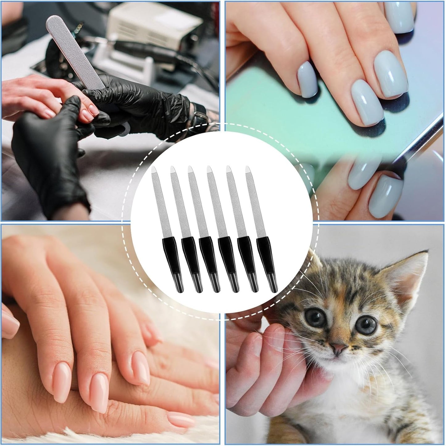 Metal Nail Files Made of Stainless Steel with Sharp Pointed Tip Non Slip Handle, Double Sided Sapphire Grit for Natural Nails Fingernails Toenail limas de uñas metálicas Color Black (6 Pcs)