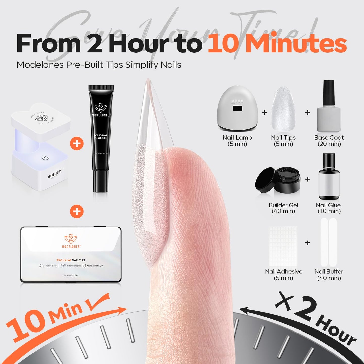 modelones Gel Nail Kit Almond, 15Sizes Instant Apex False Nail Tips Solid Glue & Mini U/V Lamp, 240Pcs Medium Almond Pre-Building Strong Thick Acrylic Press on Tips LED Light Extension Kit Women Gift