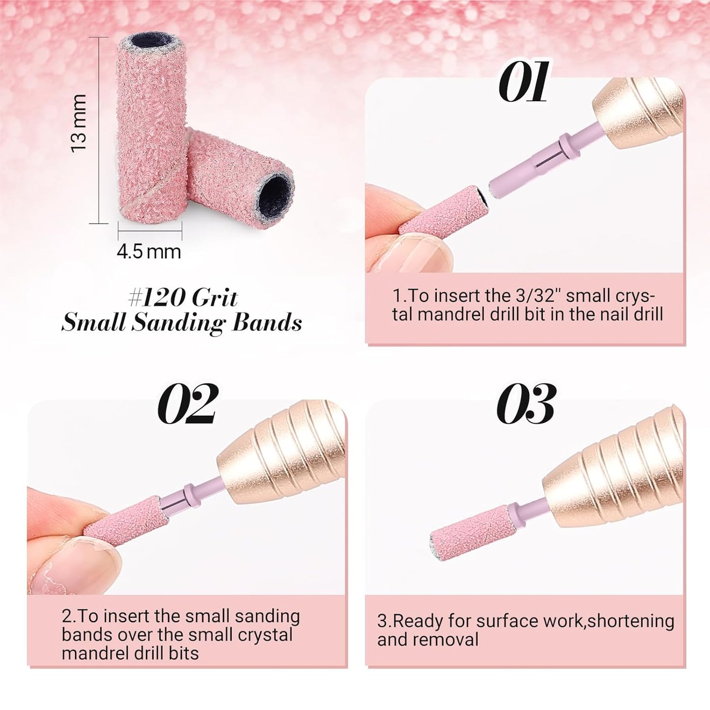 MelodySusie 50 Pcs Nail Drill Bits Small Sanding Bands with 3.1mm Mandrel Bit, 120 Medium Grit Nail File for Acrylic Nails Gel Manicures and Pedicure, Pink