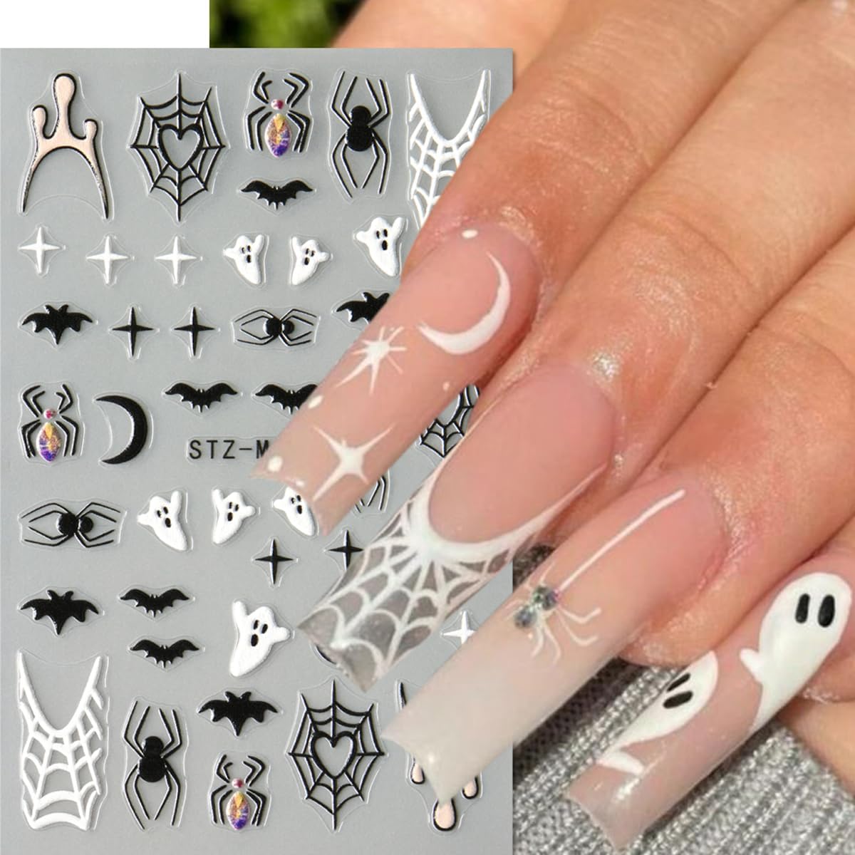 6pcs/Set Halloween Ghost 3D Nail Sticker Pink Heart Spider Web Black Stars Moon Love Spider Skull Cartoon Nail Art Stickers Designs French Manicure DIY Cute Holiday Nail Art Decoration Charms