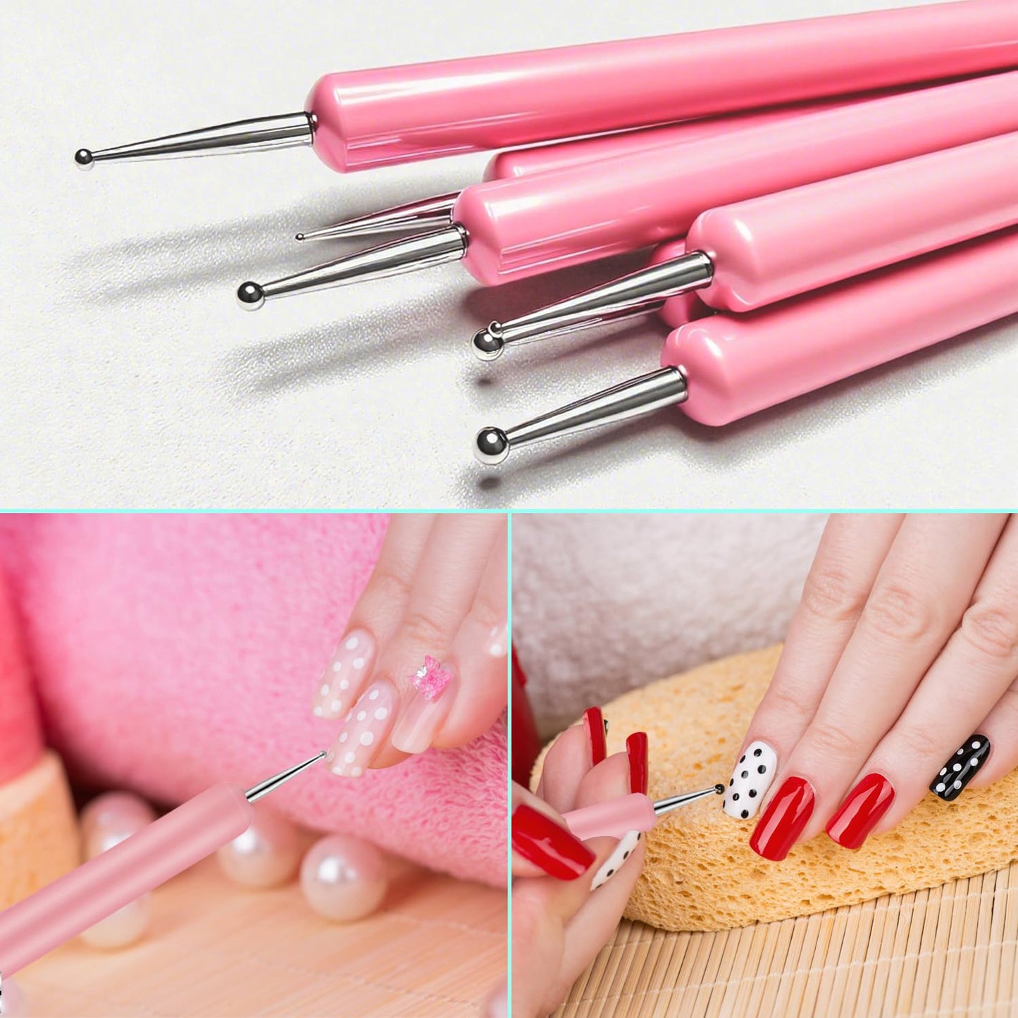 11PCS Nail Art Brushes & Nail Dotting Tools,Double Ended Tipped Silicone Nail Tools,Gel Polish Brush,Liner Brush,Dotting Pen for Home Salon DIY Kit (Pink)