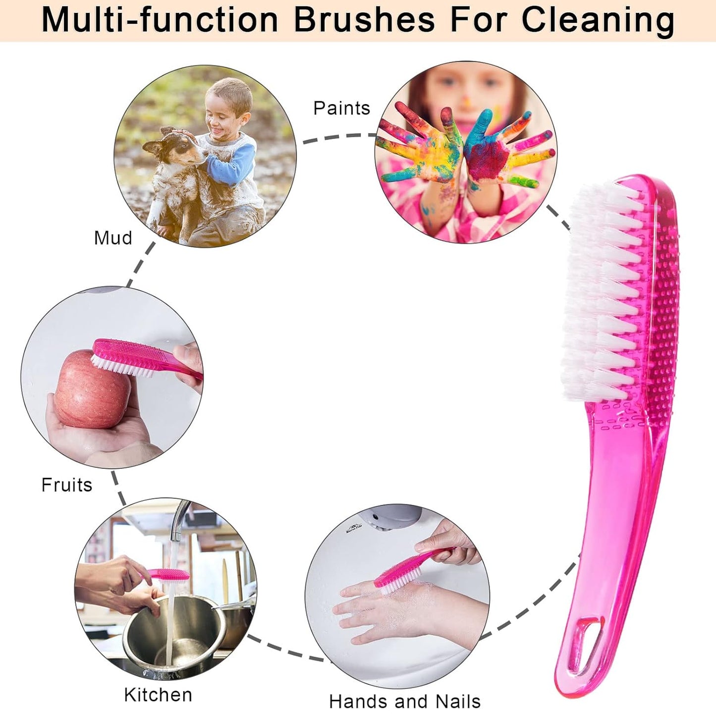 Nail Brush for Cleaning Fingernails 4 PCS, Long Handle Grip Double Sided Nail Foot Scrub Brush Fingernail Cleaner, Soft Stiff Bristles Pedicure Nail Scrubber Non-Slip for Men Women Black