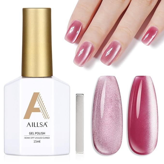 AILLSA Cat Eye Gel Nail Polish Pink Rose Glitter Crystal Polish with Magnet, Nude Burgundy Sparkle Nail Polish Reflective Translucent Jelly Color U V Magnetic Gel Salon DIY at Home 0.5 OZ GF20