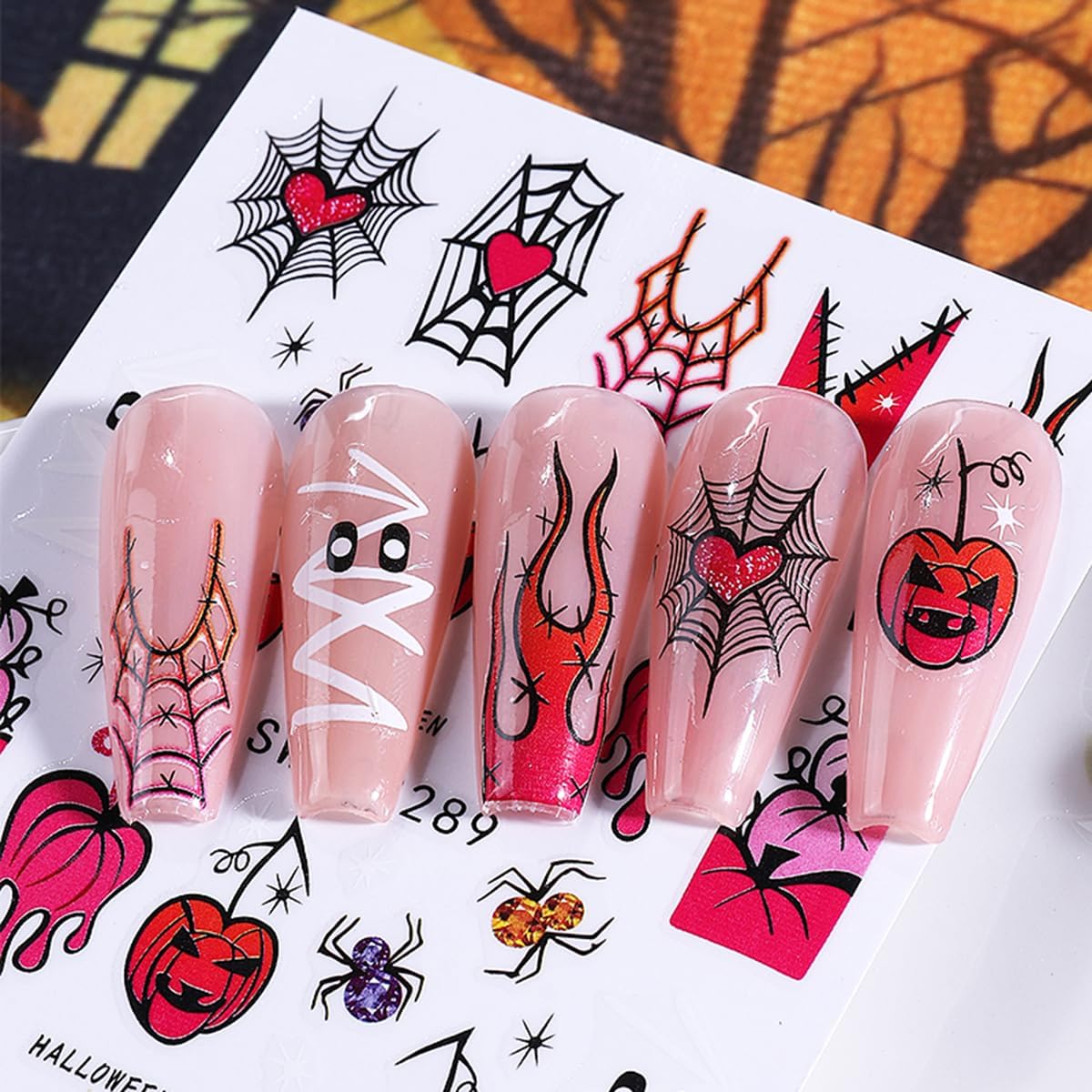 Halloween Nail Art Stickers 3D Self-Adhesive Nail Decals Nail Art Supplies 8PCS Pink French Flame Pumpkin Spider Web Ghost Eyeball Halloween Nails Adhesive Sliders for Women DIY Manicure Decorations