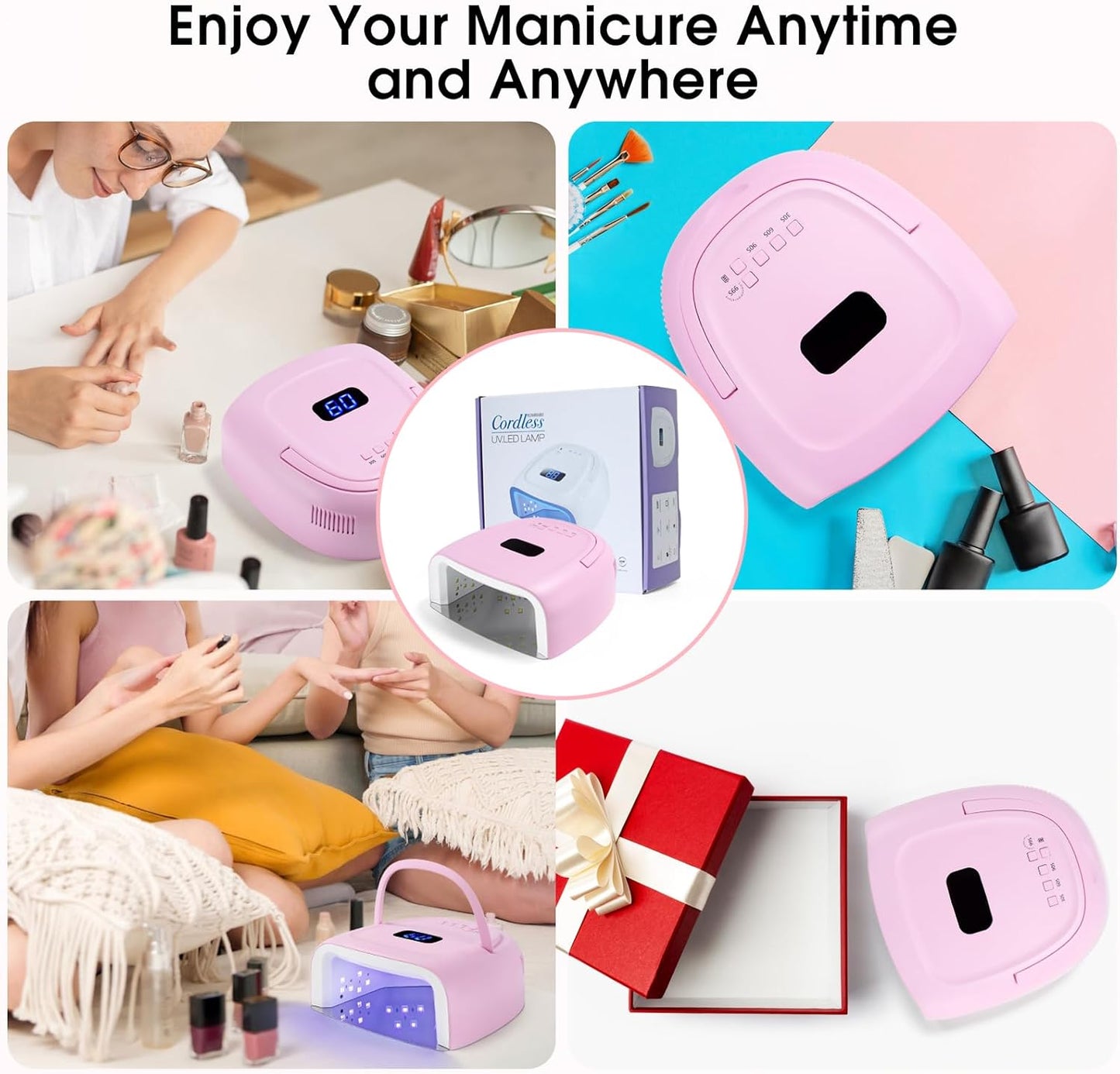 60W Rechargeable LED Nail Lamp, Cordless Gel Lamp with Portable Handle & 42pcs Lamp Beads, Automatic Sensor UV LED Nail Dryer, 4 Timers Professional UV Light for Gel Nails