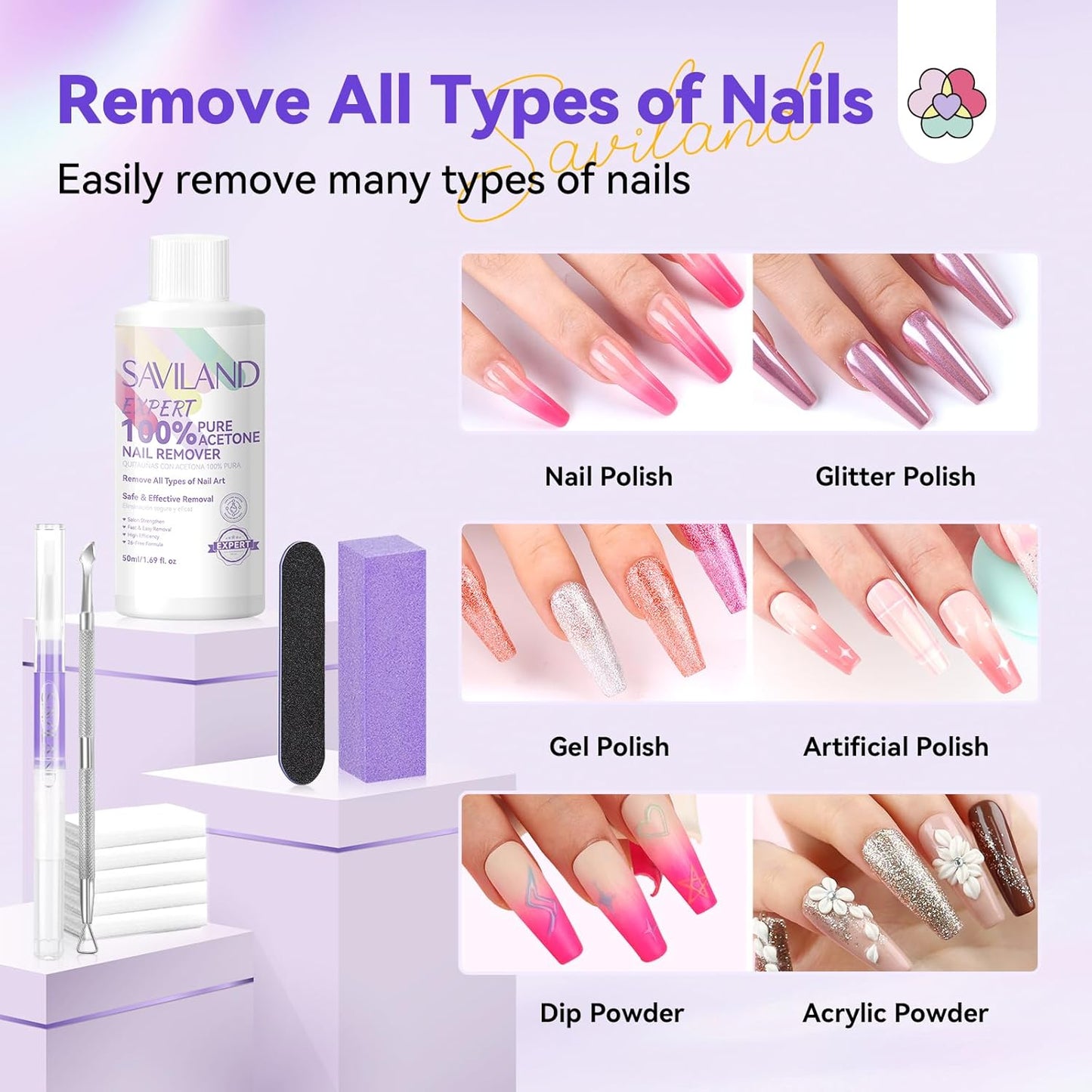 SAVILAND Acetone Nail Polish Remover Kit: 50 ML Expert Gel Nail Polish Remover Non-Drying Gel Remover with Cuticle Oil & Tools Quick Removal for Nail Polish Acrylic Dip Powder DIY Salon