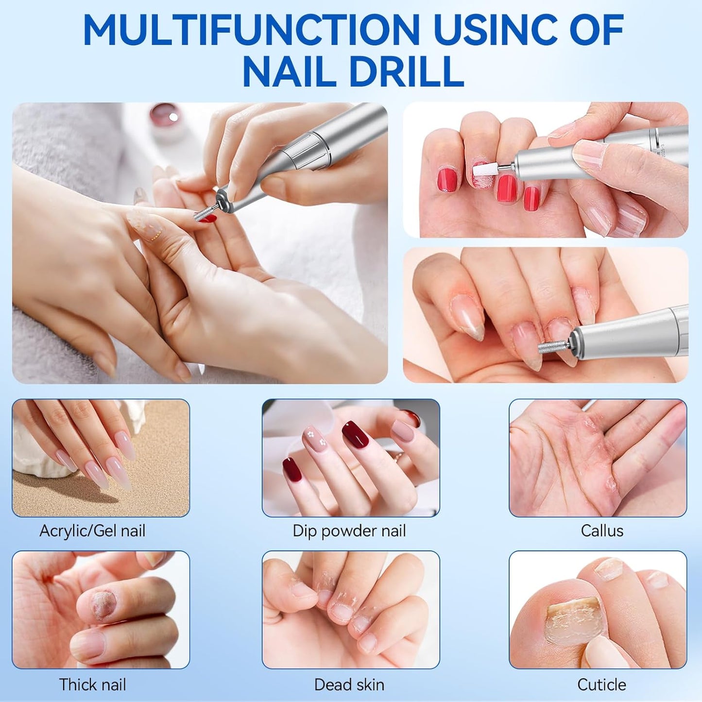 Nail Drill, Professional 45000RPM Electric Nail File with 12 Drill Bits Remover Gel Nail Polish Acrylic Nails Manicure for Salon Home(White)