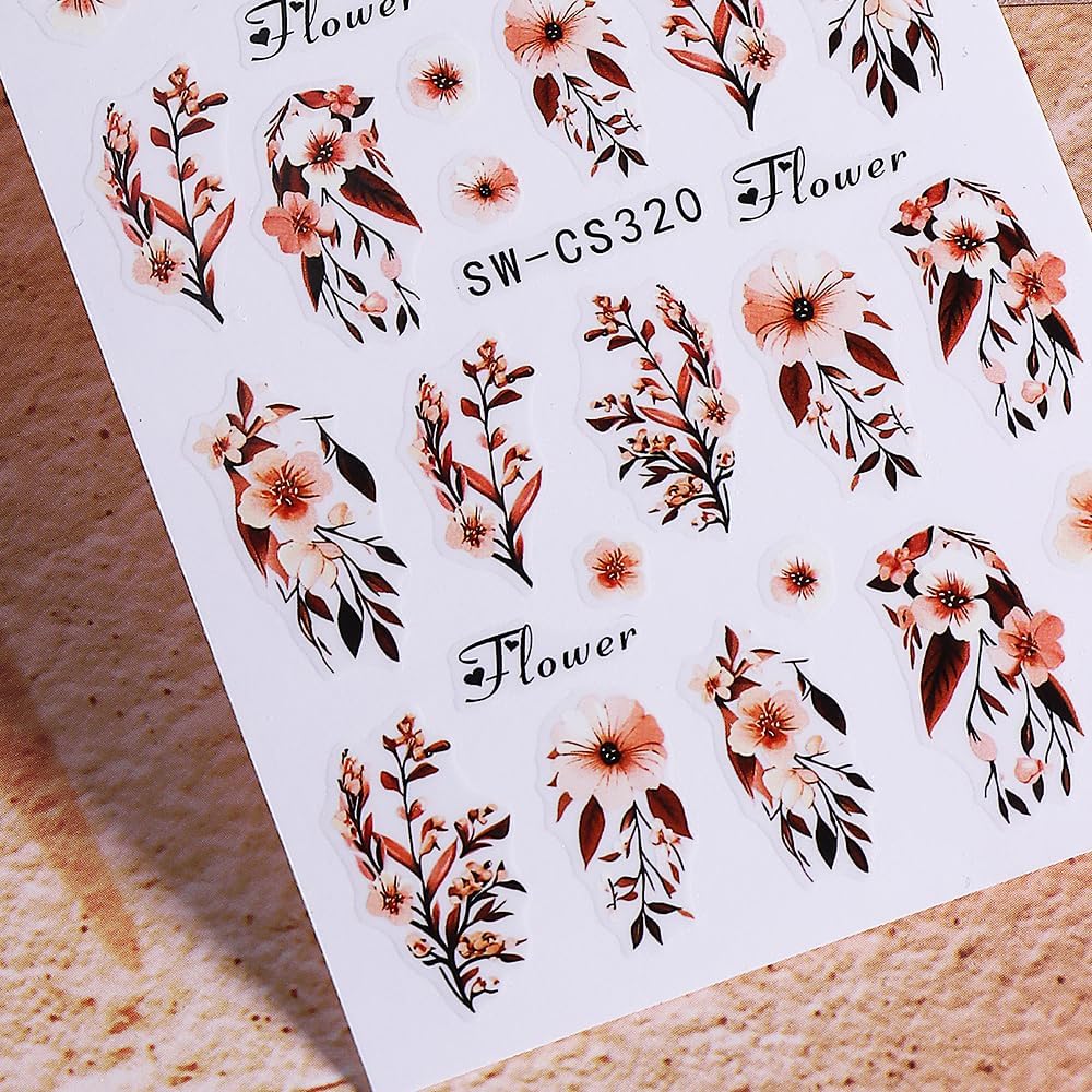Fall Flower Nail Art Stickers Decals 3D Self-Adhesive Flower Nail Decals Nail Art Supplies 6PCS Brown Flowers Leaf Fall Winter Nails Design Manicure Sliders Accessories for Women DIY Nail Decorations