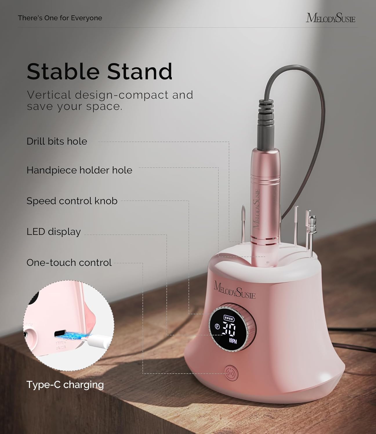 MelodySusie Rechargeable Desktop Nail Drill,Professional 30000RPM Electric Nail File for Acrylic & Gel Nails Removal,SC320G Cordless E-File Machine with LED Display for Manicure Salon & Home,Pink