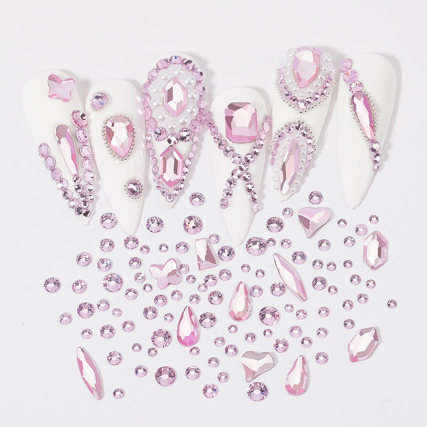 HNUIX Nail Rhinestones - 4550pcs Light Pink, Multiple Shape Gems, Flatback Crystal Rhinestones for Nails Decor Designs Kits