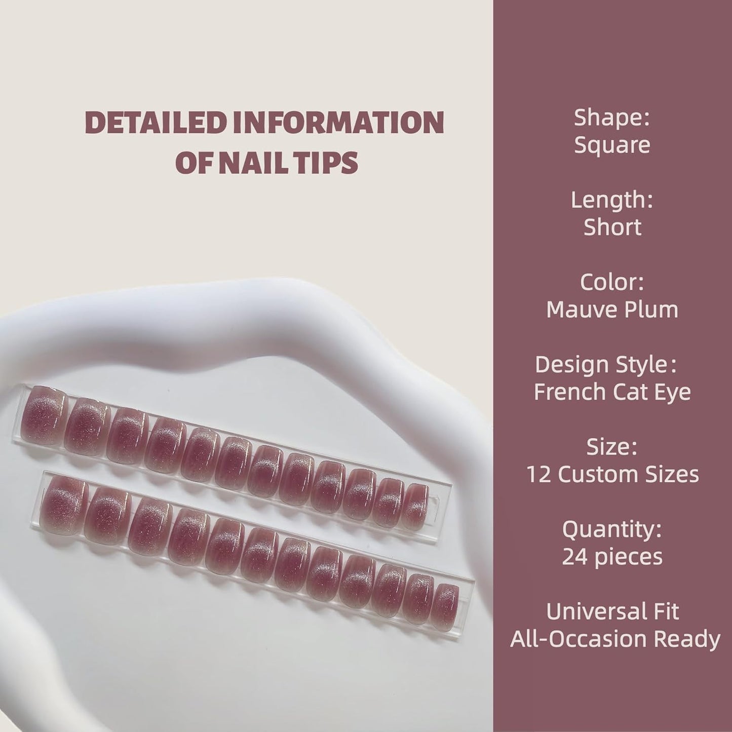 30Pcs Mauve Plum Cat Eye Press On Nails Short Square | French Fake Nails with Glue, File & Tools | Reusable Soft-Fit Nail Tips in 12 Sizes for Women