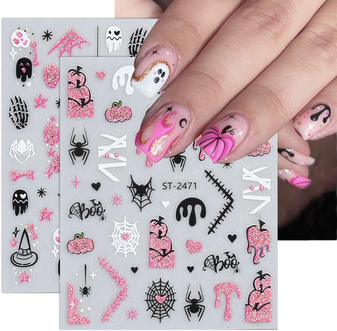 6 Sheets Pink Glitter Halloween Nail Stickers for Nail Art 3D Self-Adhesive Spider Web Nail Stickers with Ghost Bat Blood Drop Skull Cute Halloween Designs Goth Nail Decals for Women Acrylic Nails