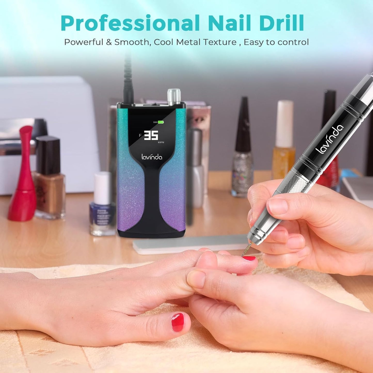 Lavinda Professional Nail Drill Machine, Cordless Rechargeable 35,000RPM Brushless Nail Drill, Portable Electrical Nail File for Acrylic Nails with Charging Base, Bling Green Purple Gradient