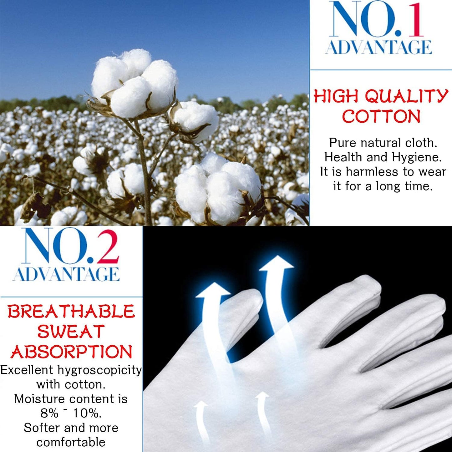 24pcs Soft Cotton Gloves for Dry Hands, Overnight Eczema Moisturizing Lotion Treatment Reusable Work Gloves for Coin Jewelry Silver Archival Costume Inspection (Medium, White)