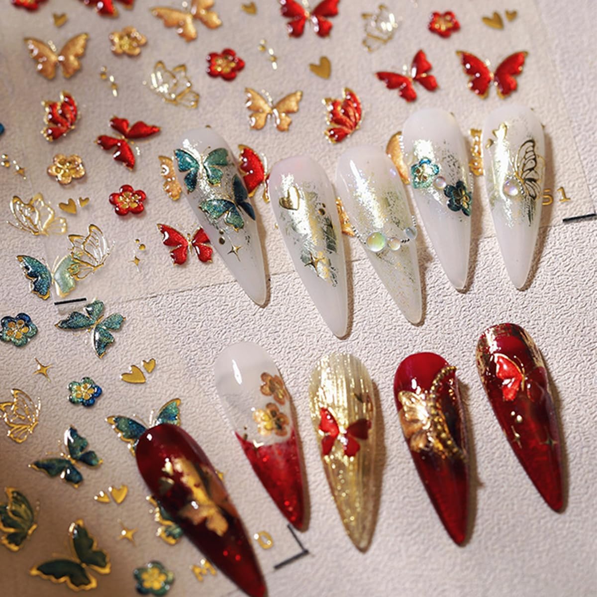 5D Embossed Butterfly Nail Art Stickers - Red & Gold Butterfly Nail Decals for DIY Manicure