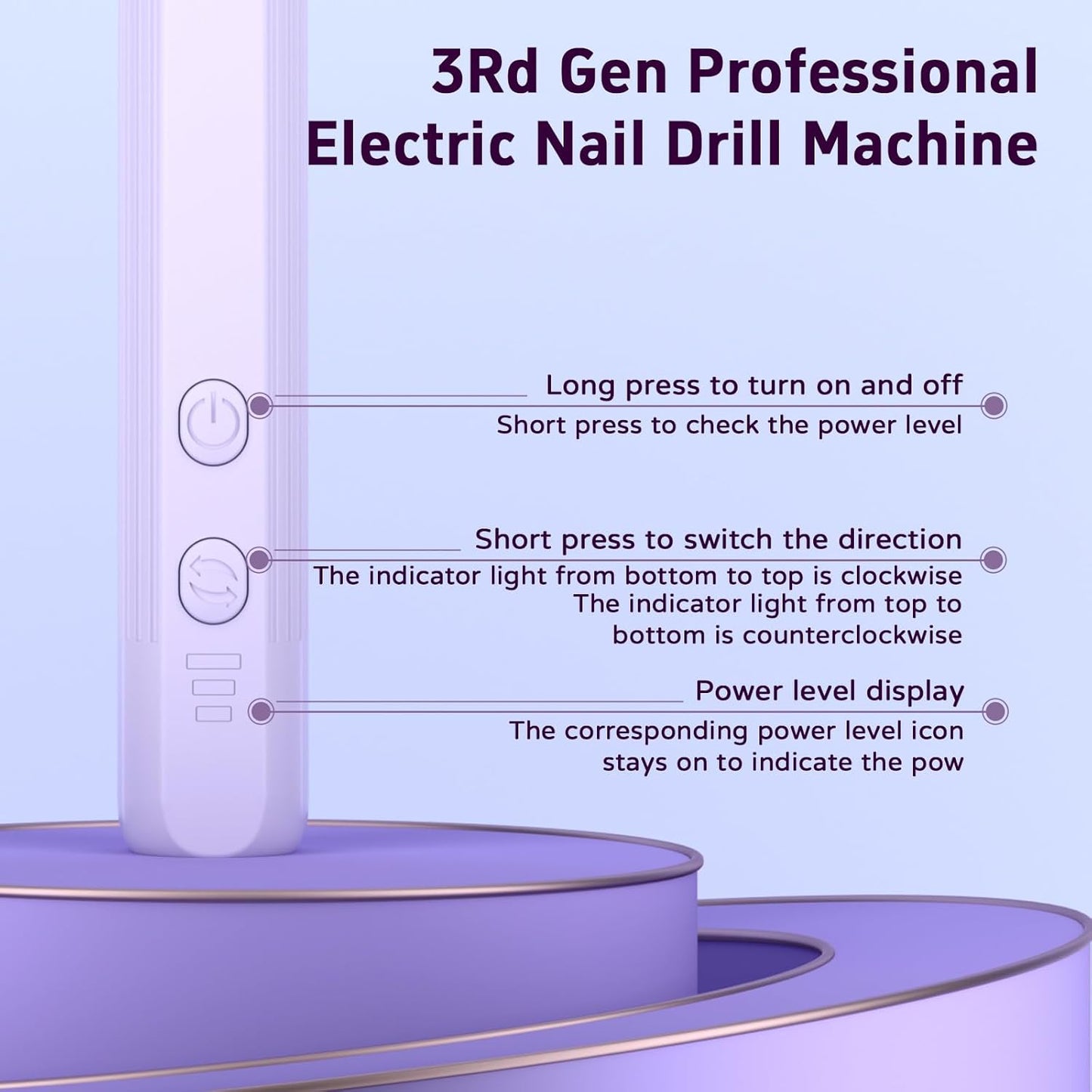 Professional Nail Drill Set, 2,0000 RPM Electric Nail File with 12 Grinding Head & 100Pcs Sanding Bands for Acrylic Gel Nails, Manicure and Polishing (Light Purple)