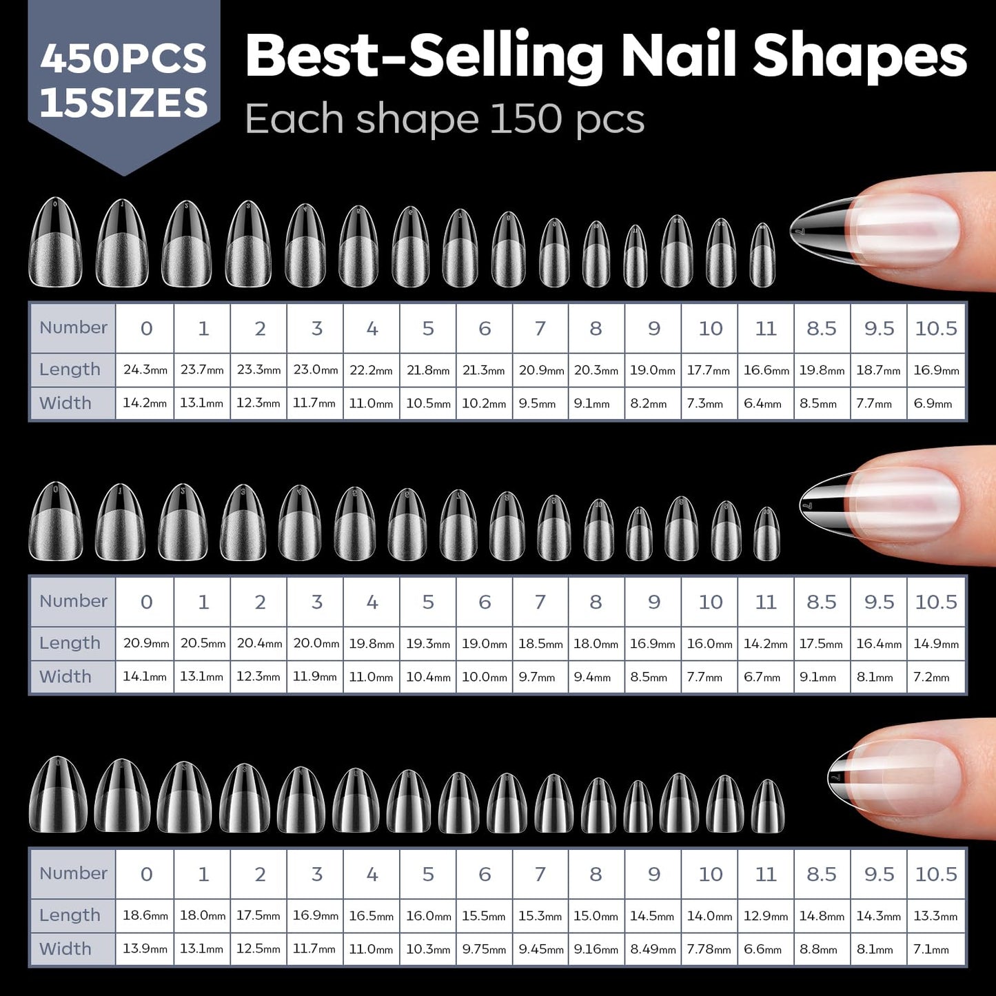 Modelones Medium & Short & Extra Short Almond Nail Tips - Multi-type 3 Styles Set Gel Tips Half Matte Full Cover Clear Acrylic Gel Kit Fake Nails for Extension DIY Salon 450Pcs 15Sizes