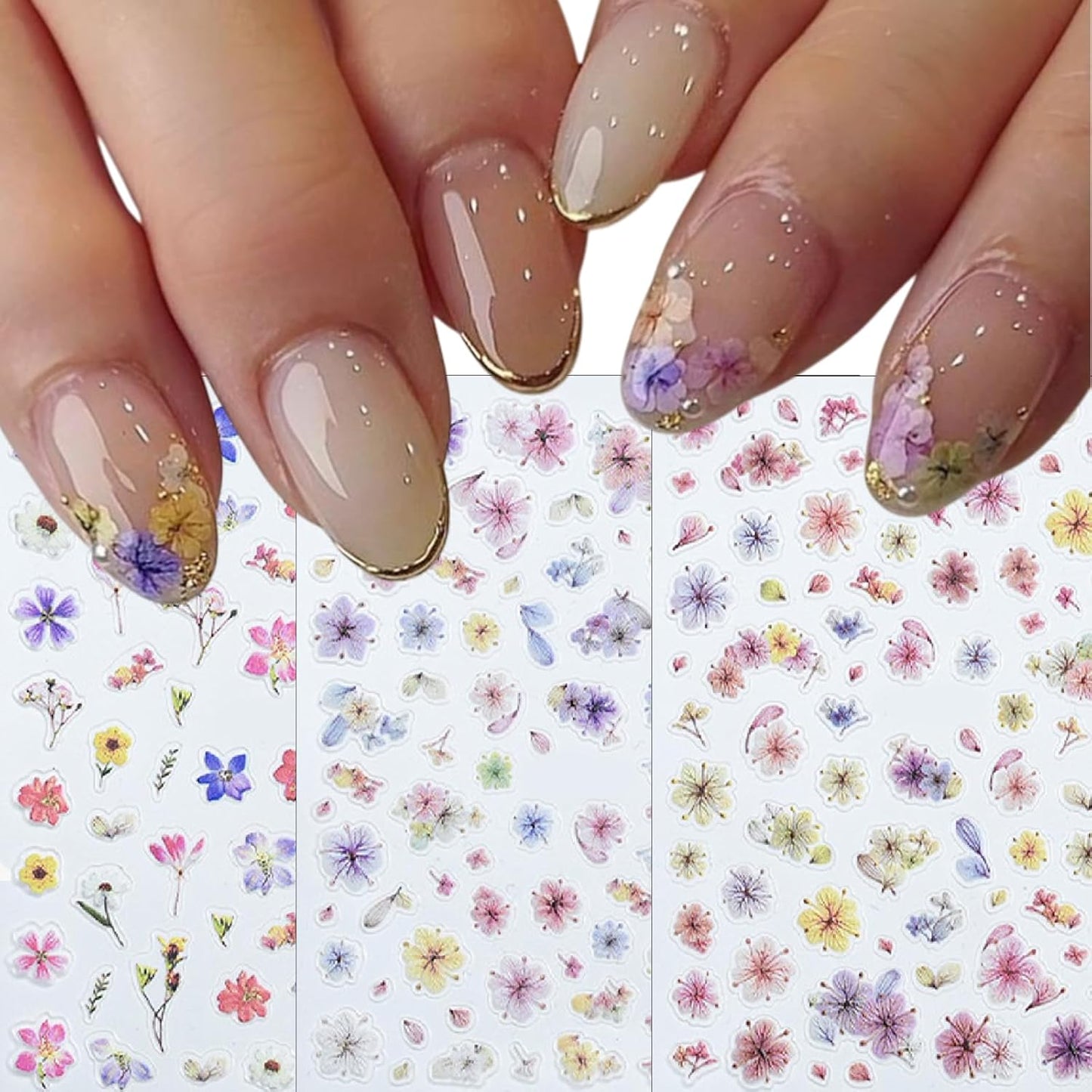 3 Sheets Spring Colored Glitter Flowers Nail Art Stickers 3D Self-Adhesive Gradual Smudge Flowers Pink Dried Flower Pattern Pink Petal Design Nail Decals for Women DIY Nail Art Decorations