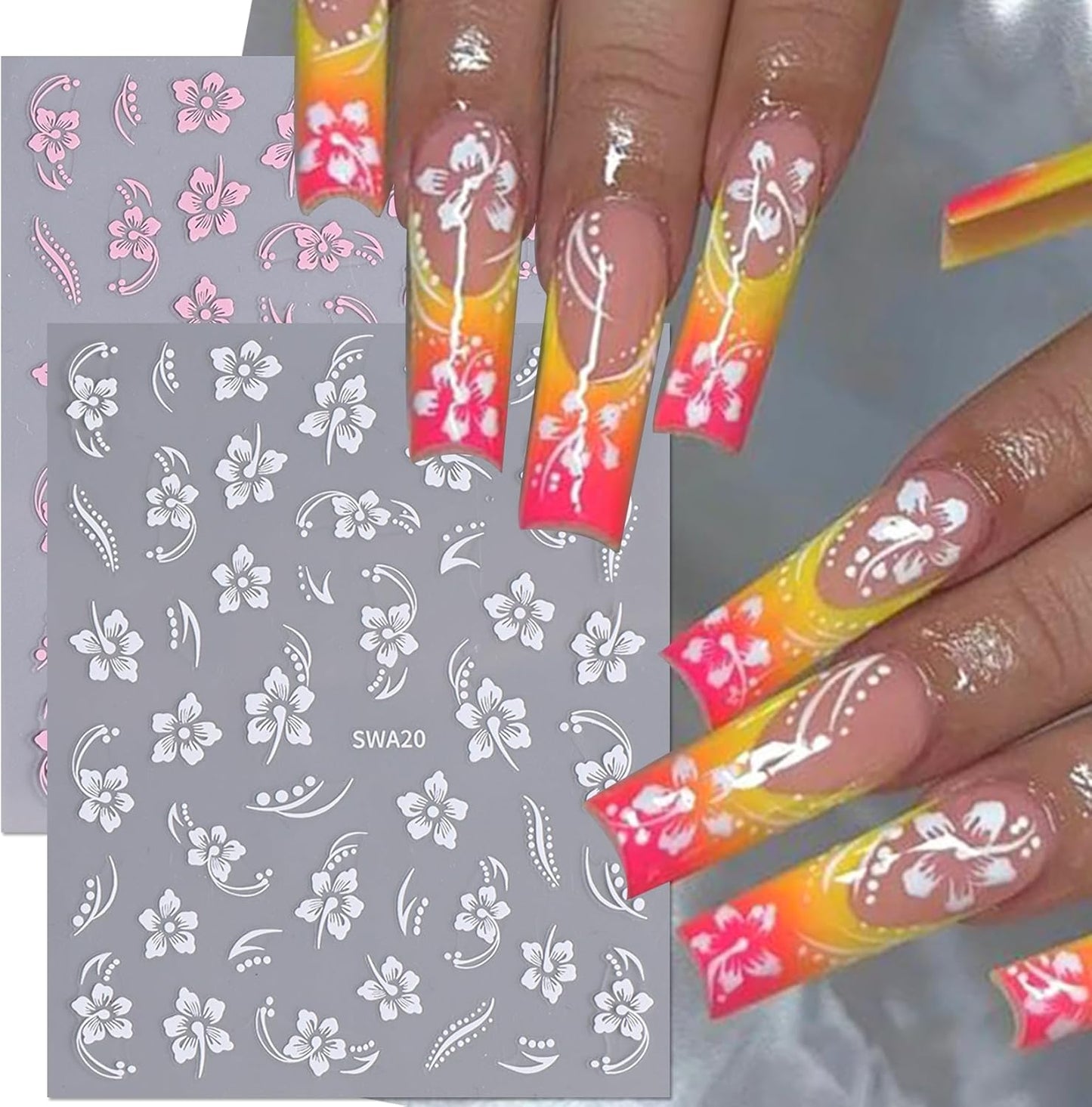 Flower Fall Stickers for Nails 10 PCS Brown Hibiscus Nail Art Decals 3/5D Self-Adhesive Pink Blue White Flowers Stickers Beach Autumn Nail Design DIY Charms Manicure Decoration Nail Supplies