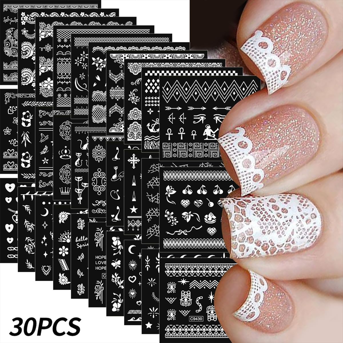 30 Sheets White Nail Art Stickers 3D Self-Adhesive White Lace Hollow Nail Stickers Cat Flower Star Moon Heart Nail Decals 3D Gold Retro Nail Art Design Manicure for Women DIY Acrylic Nails Decoration
