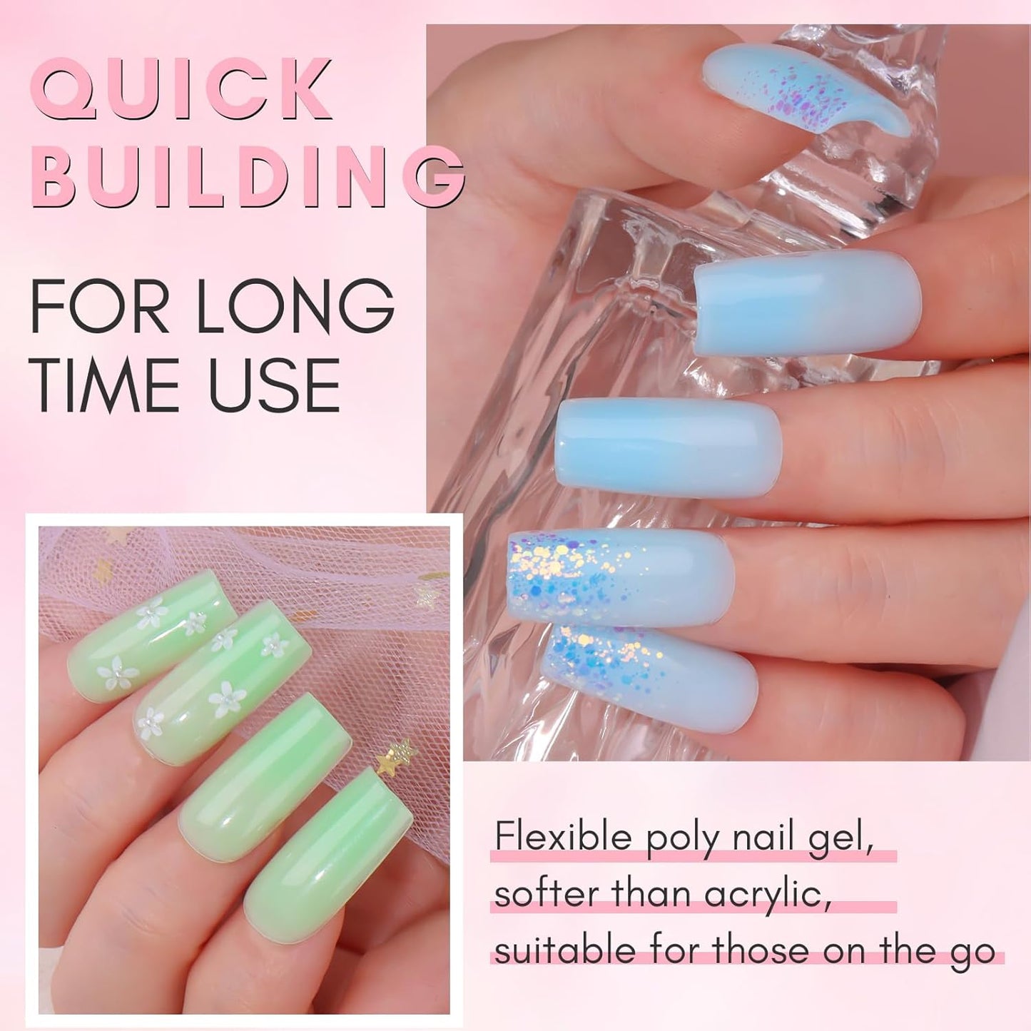 Makartt Poly Nail Gel Set: Blue & Green Gel Builder for Extension Winter Colors Nail Strengthener 3D Diy Hard Gel for Nails Manicures Home Salon-2PCs 30ML