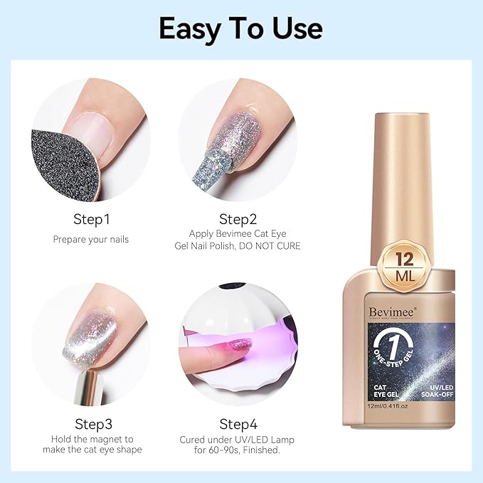 Cat Eye Gel Nail Polish 12ML, 3 In 1 Step Holographic Cateye Gel Polish With Magnet, Silver Glitter Magnetic Crystal Ice Shimmer Soak Off UV/LED Nail Art Design