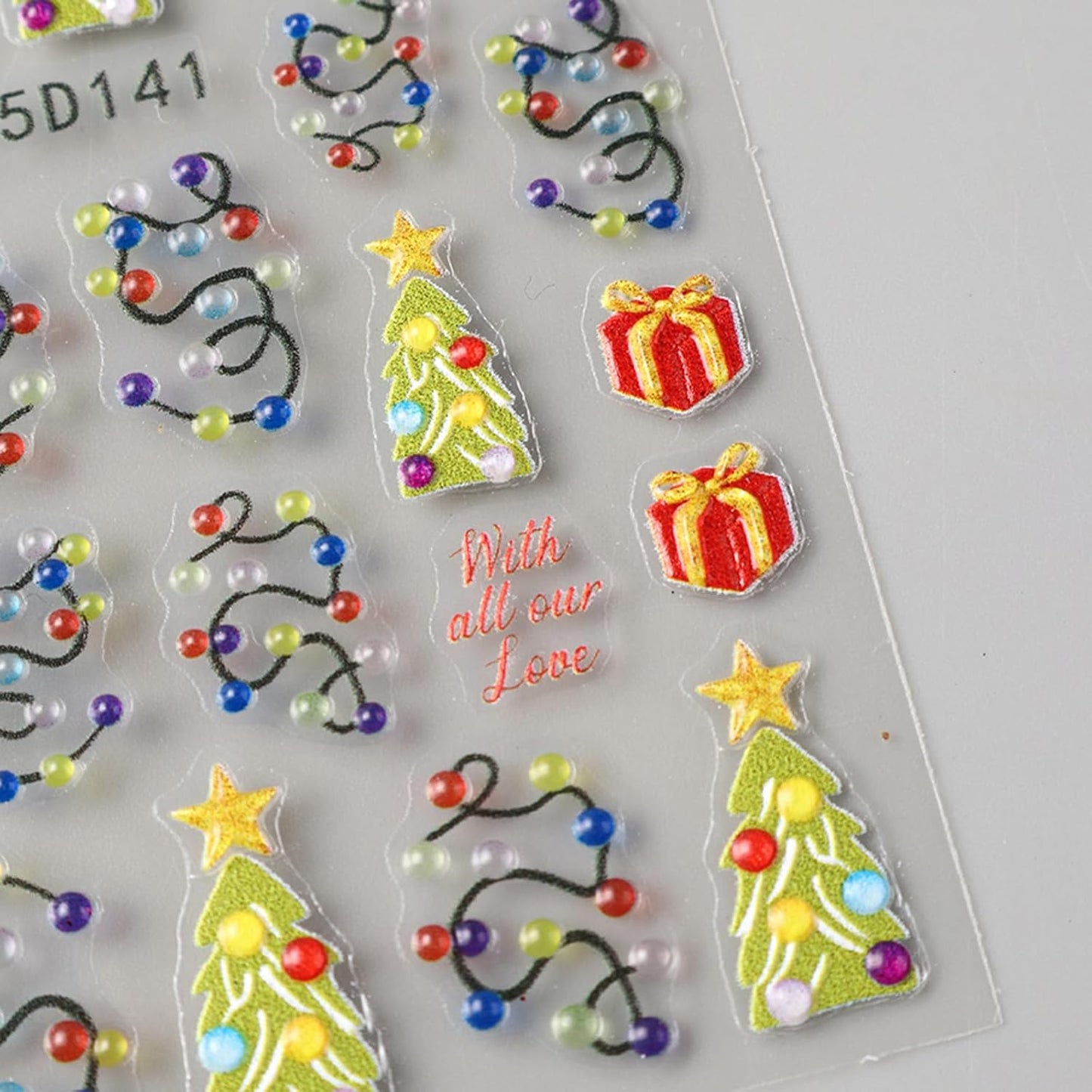 2Pcs Christmas Colorful Light Nail Art Stickers 5D Embossed Nail Decals Neon Lamp Xmas Tree Gifts Design Manicure Sliders Self-Adhesive Winter Nail Art Supplies for Women New Year Nail Decoration