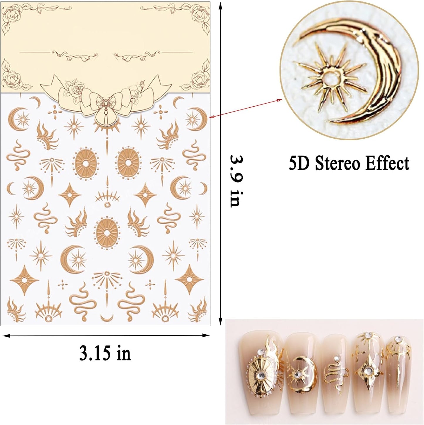 Gold Snake Nail Art Stickers 5D Self-Adhesive Embossed Moon Sun Pattern Design Nail Decals Retro Gilded Snake Nail Supplies for Women Girls DIY Summer Manicure Decoration Exquisite Cardboard 1 Sheet