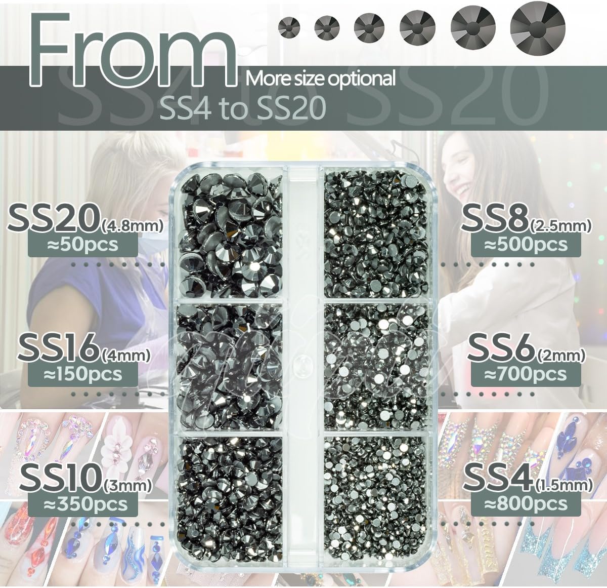 2550pcs Black Nail Art Flatback Rhinestones Charms for Face Makeup Metallic Black Nail Gems Gemstones K9 Glass SS4~SS20 6 Sizes Mine Black Diamonds Stones Crystals for Nails DIY Crafts Tumblers