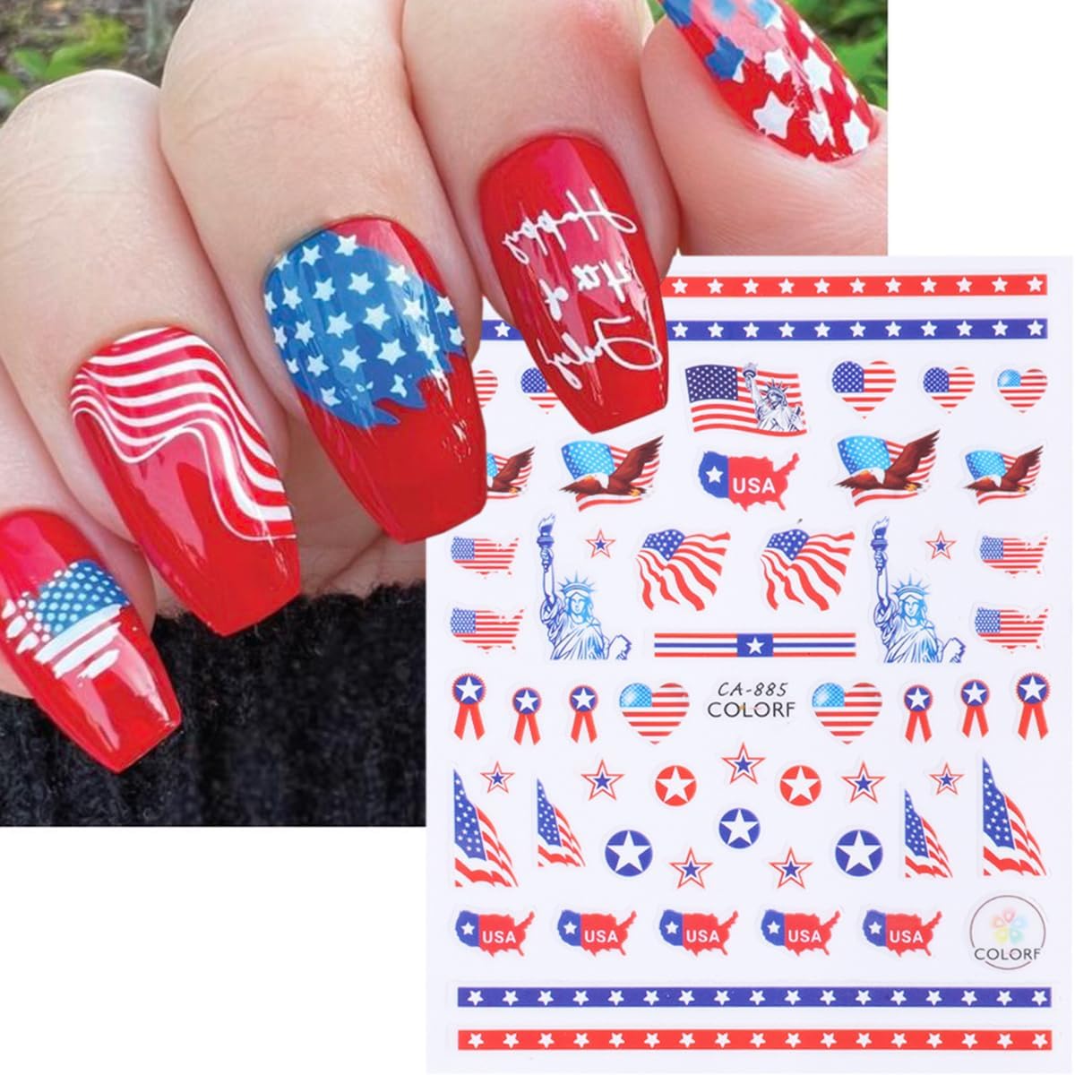 8 Sheets Independence Day Nail Stickers for Nail Art USA 4th of July Nail Decals 3D Self-Adhesive American Flag Patriotic Nail Decoration American Eagle Nail Art Stickers for Women Girls Nail Designs