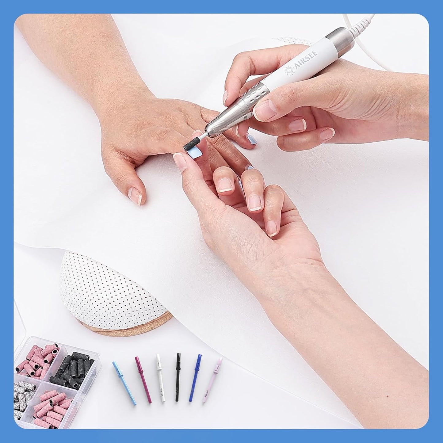 AIRSEE 3.1mm Small Nail Drill Mandrel Bits for Mini Efile Sanding Bands, Stainless Steel Professional Electric Head Clean Remove Cuticle Removing, Acrylic Manicure Sander Safety (Tranquil Blue)