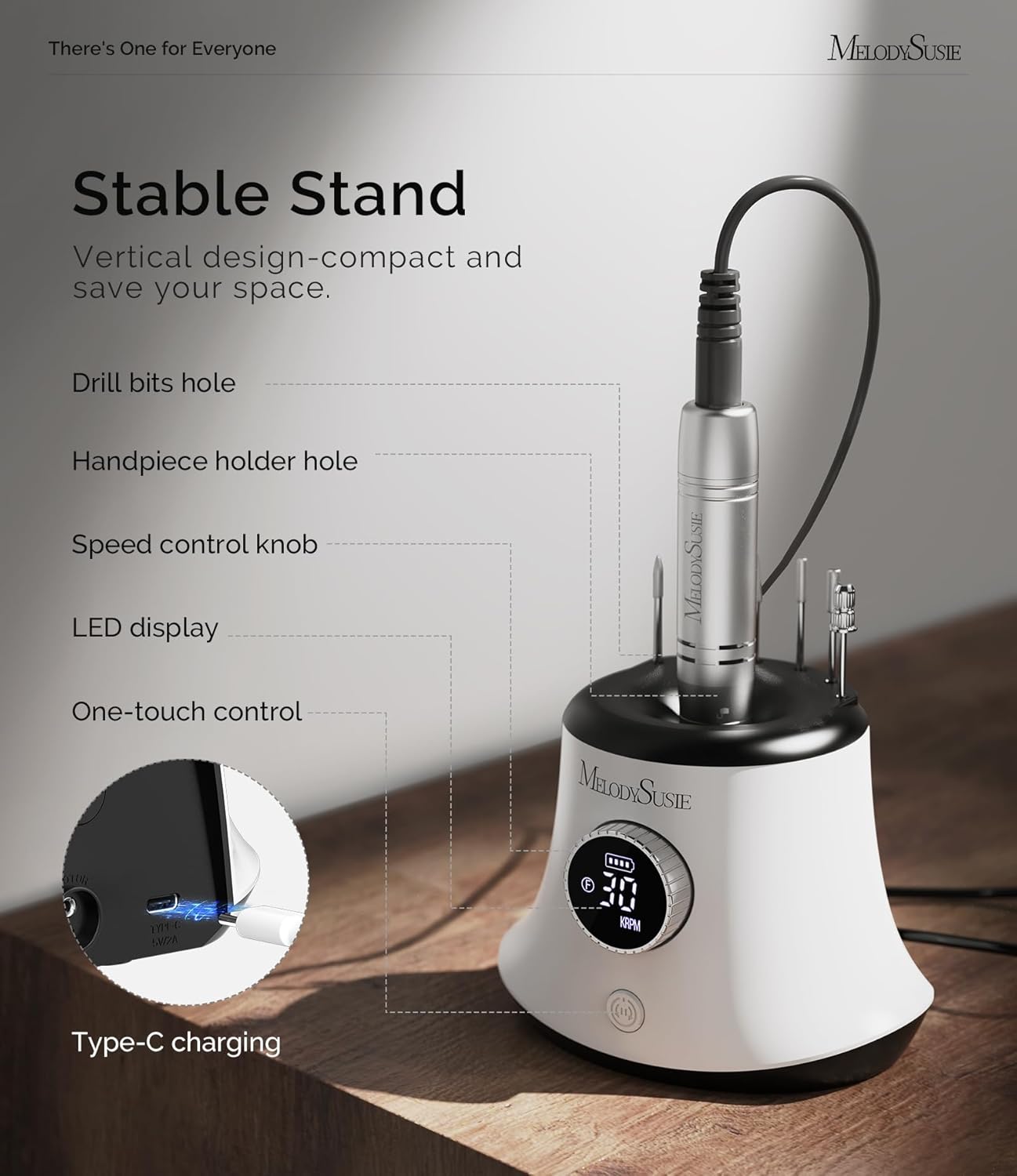 MelodySusie Rechargeable Desktop Nail Drill,Professional 30000RPM Electric Nail File for Acrylic & Gel Nails Removal,SC320G Cordless E-File Machine with LED Display for Manicure Salon & Home,White