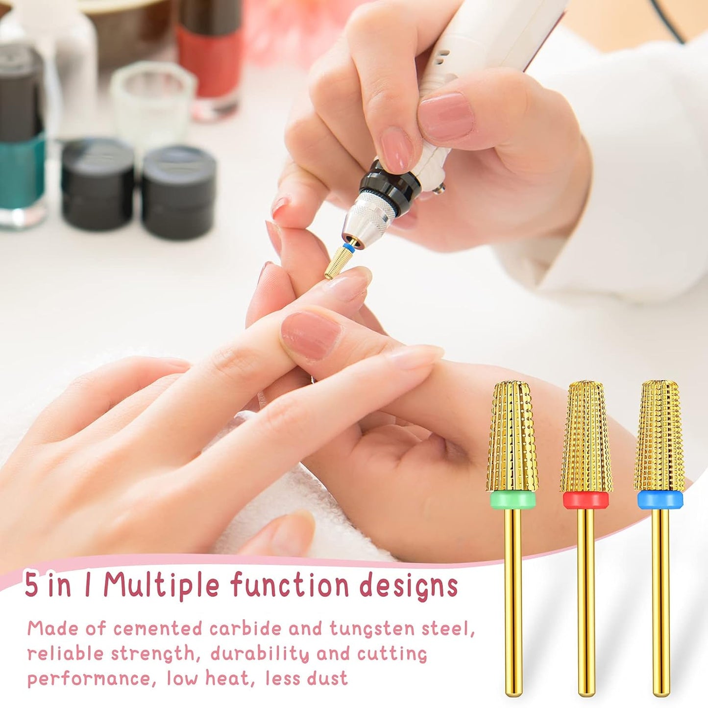 3 Pieces Nail Carbide 5 in 1 Bit, Nail Drill Bits Set-2 Way Rotate Use for both Left to Right Handed, 3/32 Inch Shank Size Drill Machine for Fast Remove Acrylic or Hard Gel (Gold)