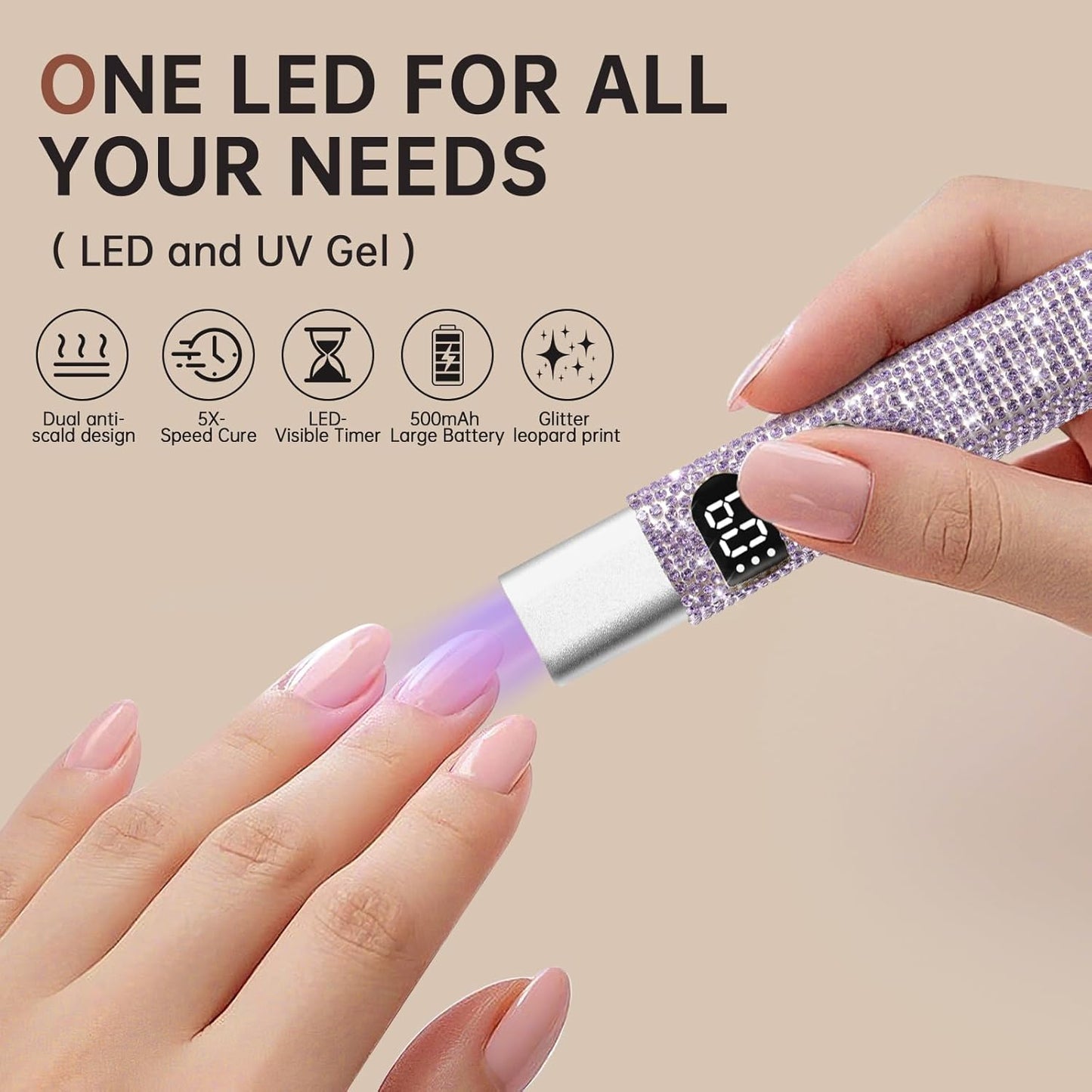 Handheld UV Light for Gel Nails,Mini LED Cordless Nail Lamp for Gel Nail Polish,Portable Flash Cure Lamp,Rechargeable USB Nail Dryer with LCD Display Fast Curing (Purple Diamond)