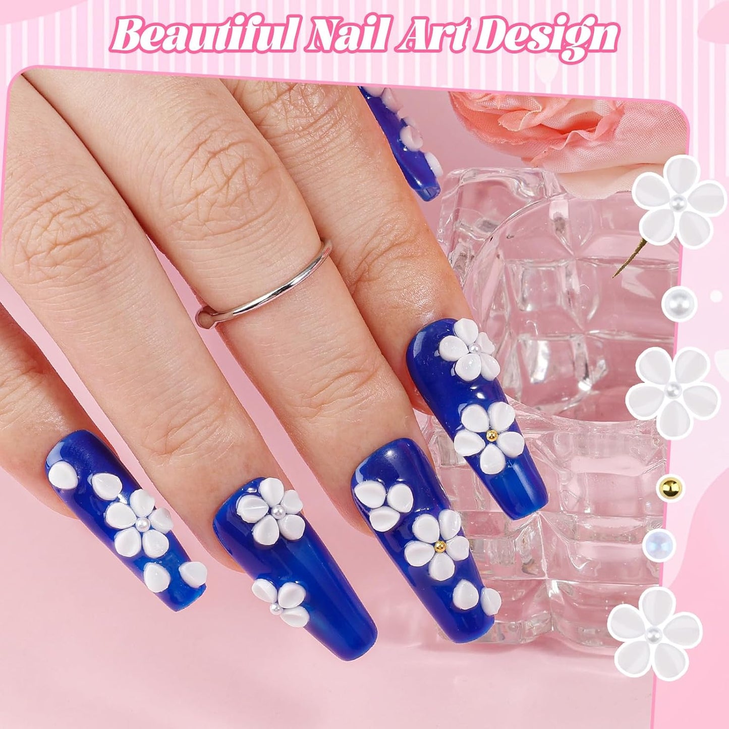 500Pcs Flower Nail Charms Kit, 400Pcs 3D White Flowers Petals and 100Pcs Round Pearls with Gold Metal Caviar Beads Bubble Beads, Cherry Blossom Petal Tiny Gems Mixed Rhinestone for Nails DIY