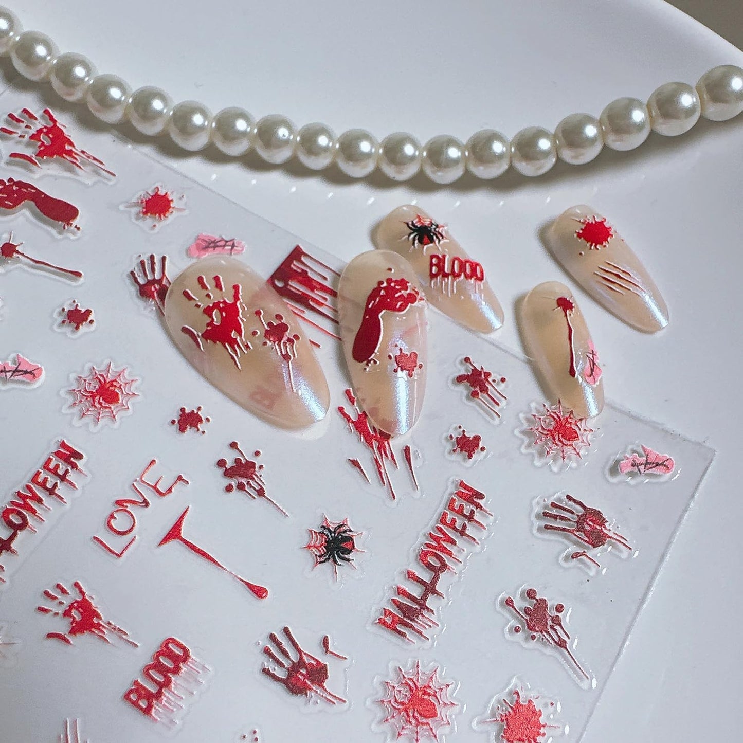 1 Sheets Halloween Nail Stickers for Nail Art Embossed Bloody Handprint Nail Art Stickers Blood Drop Spider Gothic Nail Decals 5D Self-Adhesive Bloody Footprints Nail Design Decals for Women