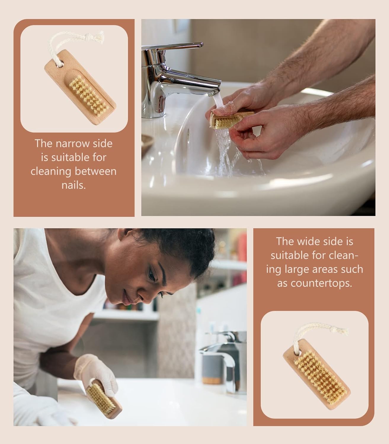 Nail Brush for Cleaning Fingernails, 2Pack Wooden Nail Brushes Fingernail Brush for Cleaning Nail Scrub Brush Two-Sided with Hanging Rope (Beechwood)
