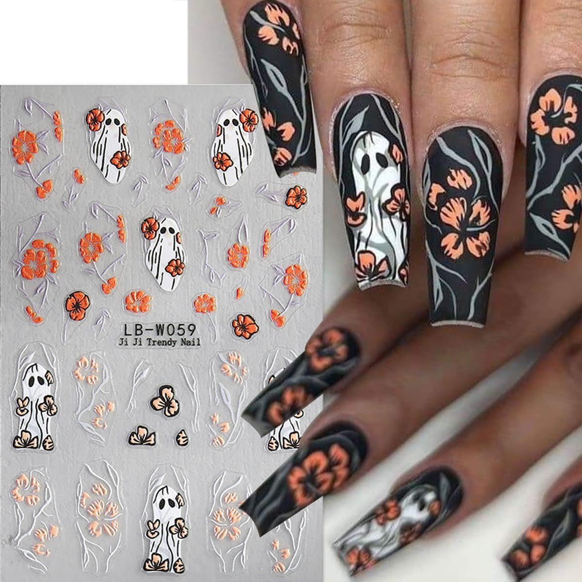 4 Sheets Halloween Nail Art Stickers 3D Self-Adhesive Goth Nail Stickers Flower Skull Ghost Designs Skeleton Nail Decals Nail Art Supplies for Women Acrylic DIY Halloween Holiday Nail Decoration DIY