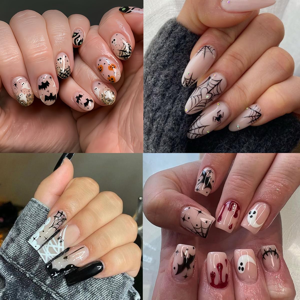 6 Sheets Halloween Bat Spiders Nail Art Stickers Black White Ghost Nail Decals Pumpkin Spider Web Skull Design Goth Nails Sticker Halloween Nails Decoration for Women DIY Holiday Manicure Supplies