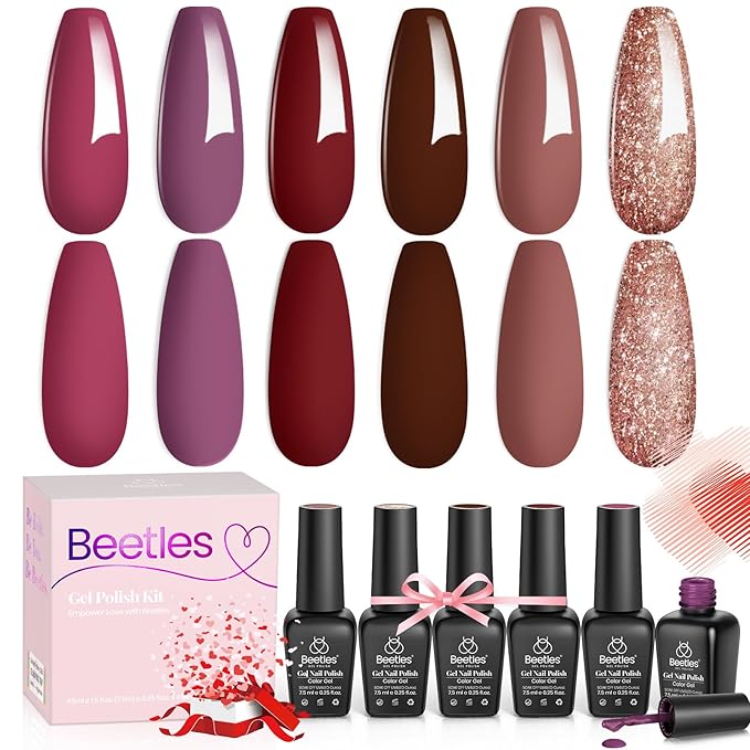 Beetles Winter Gel Nail Polish Set Plum Burgundy Red Brown Glitter 6Pcs Gel Polish Kit Soak Off UV LED Nail Lamp Art Manicure Salon DIY Home Gifts for Women Silent Flower
