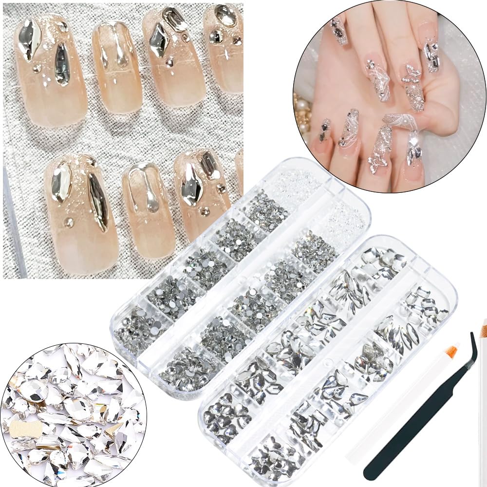 2680Pcs White Nails Rhinestones, 120Pcs Big Silver White Diamond Nail Gem Stones Charms with K9 Bling Flatback Round Beads, Clear Crystal Glass Jewelry for Nails Art Faces Eyes Makeup Decoration