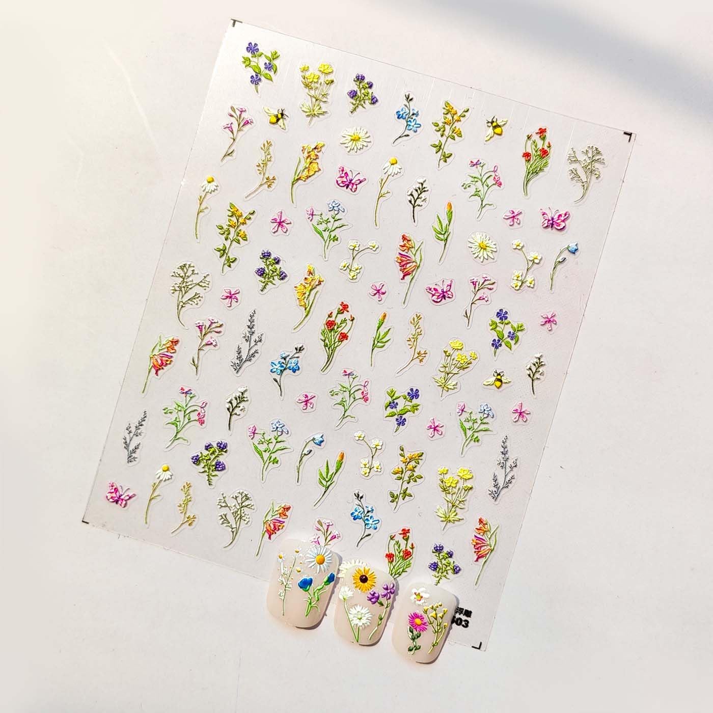 Flower Nail Stickers 5D Embossed Flowers Nail Art Stickers Spring Summer Floral Leaf Plant Nail Decals Self-Adhesive Nails Supply Manicure Sliders for Women Girls Nails Art Decoration