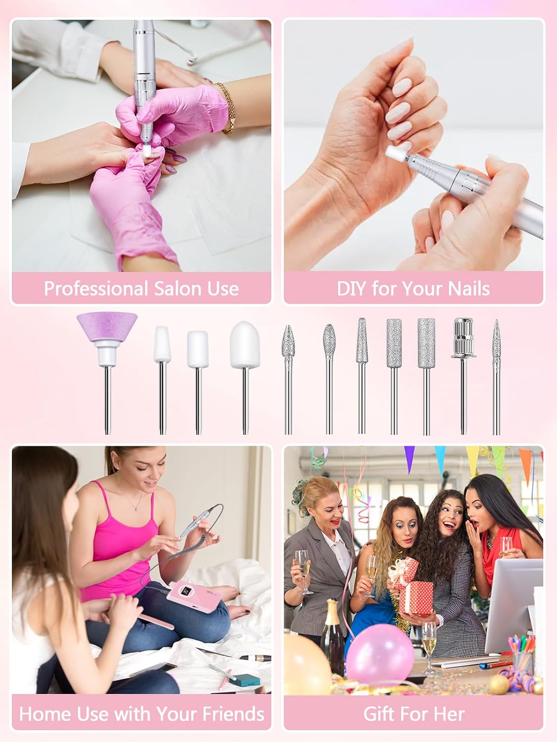 Portable Nail Drill Professional 45000 RPM, Rechargeable Electric Nail File Machine E File for Acrylic Gel Polishing Removing Pink