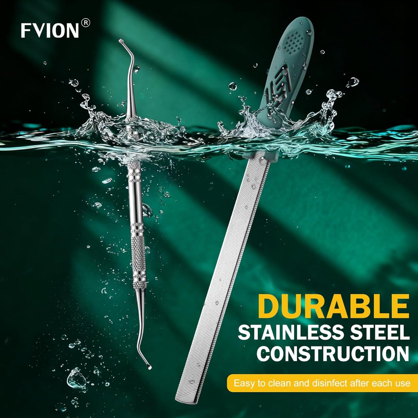FVION Toenail File for Thick Nails and Toenail Lifter, 2pcs Stainless Steel Nail File and Ingrown Relief Set, Heavy Duty Metal Emery Board for Seniors, Men & Women Pedicure Tool (Green)