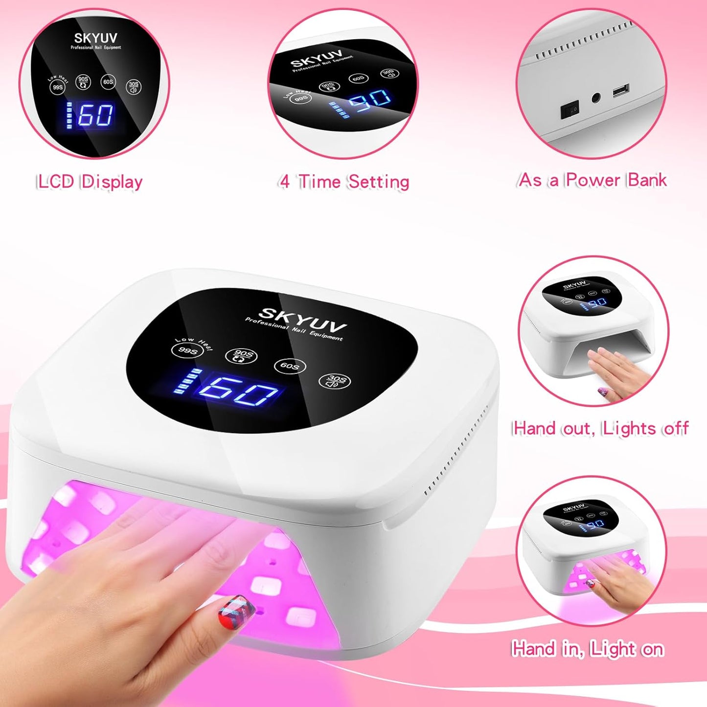 Rechargeable UV LED Nail Lamp, SKYUV Cordless Nail Dryer for Gel Polish, UV Nail Lamp with 4 Timers Setting and LED Touch Screen, Professional Curing Lamp Light with 30 Beads for Salon and Home 