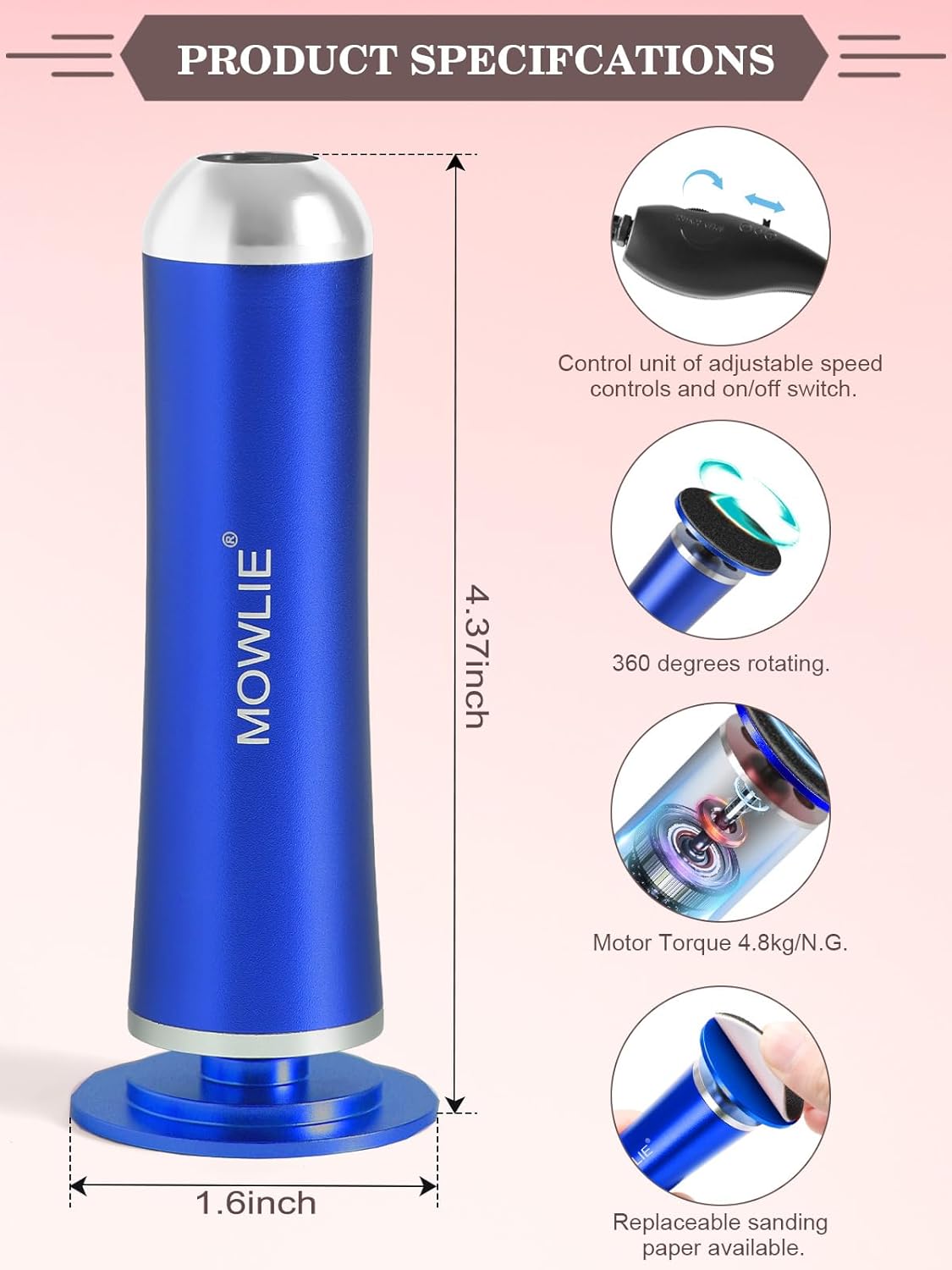 Electric Foot Callus Remover,MOWLIE Electric Foot Care Tools with Speed Controller and 60pcs Replacement Sandpaper Disk for Men Women Dead Dry Crack Skin Calluses (Blue)