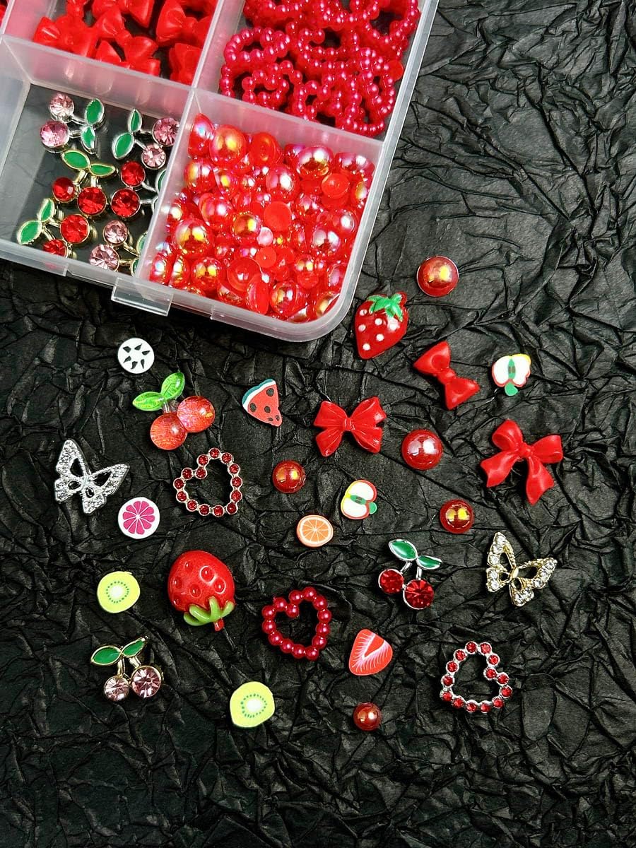 3D Red Bow Nail Charms, Flatback Pearl Charms Resin Strawberry Nails Bows Fruit Charms for Nails, Alloy Cherry Butterfly Nail Art Jewels for Women DIY Accessories