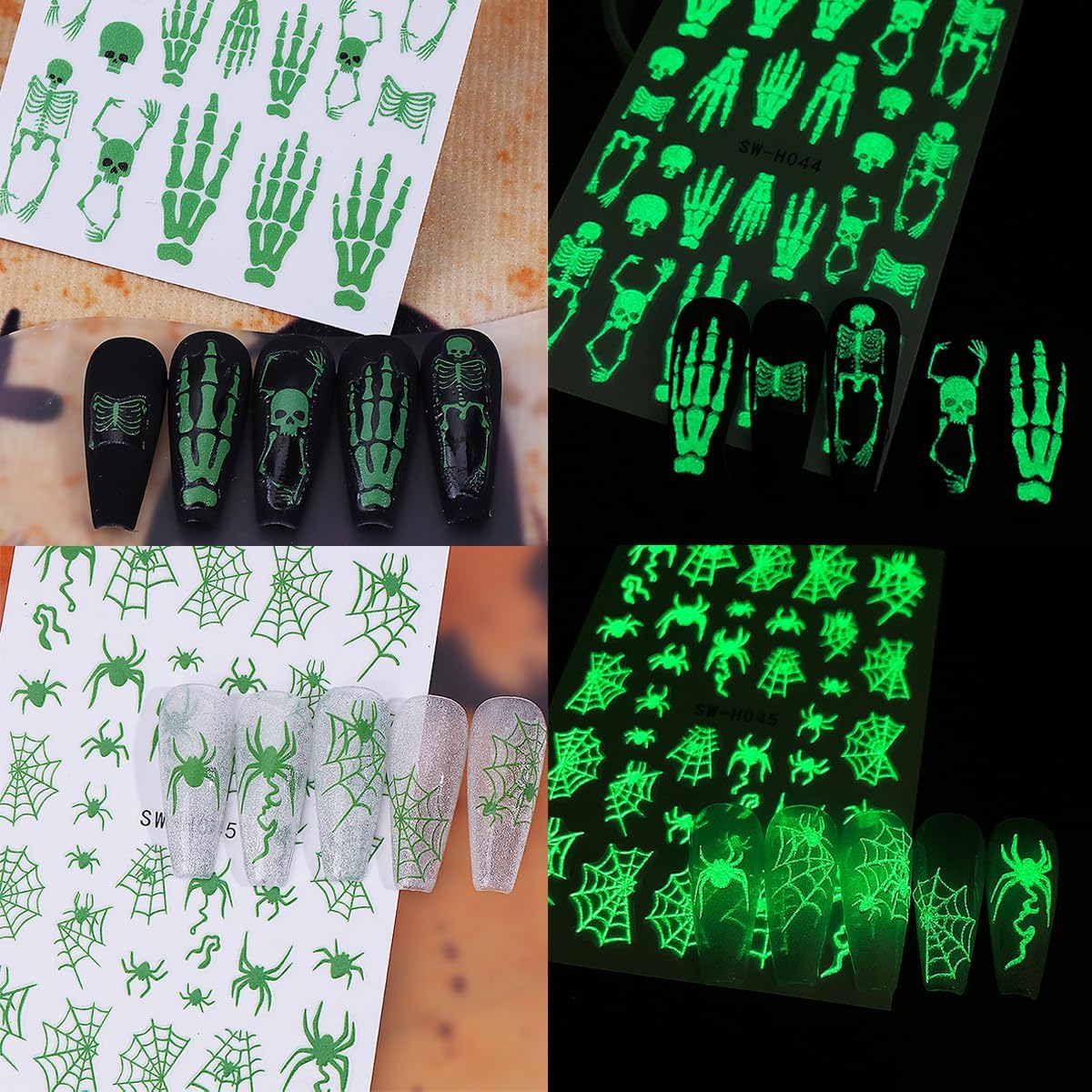 Halloween Nail Art Stickers Decals Horror Skull Spider Web Nail Decals Glow in The Dark Halloween 3D Self-Adhesive Nail Stickers for Nail Art DIY Manicure Tip Holidays Nails Decoration 4 Sheets